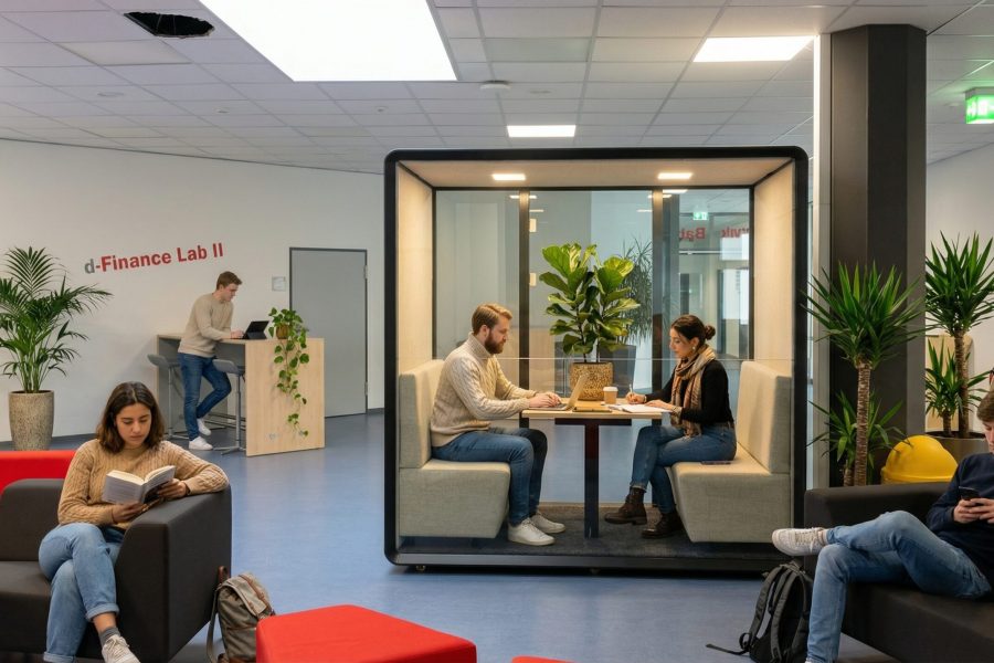 Schüler in einer Akustikbox der Brandschutzklasse B1